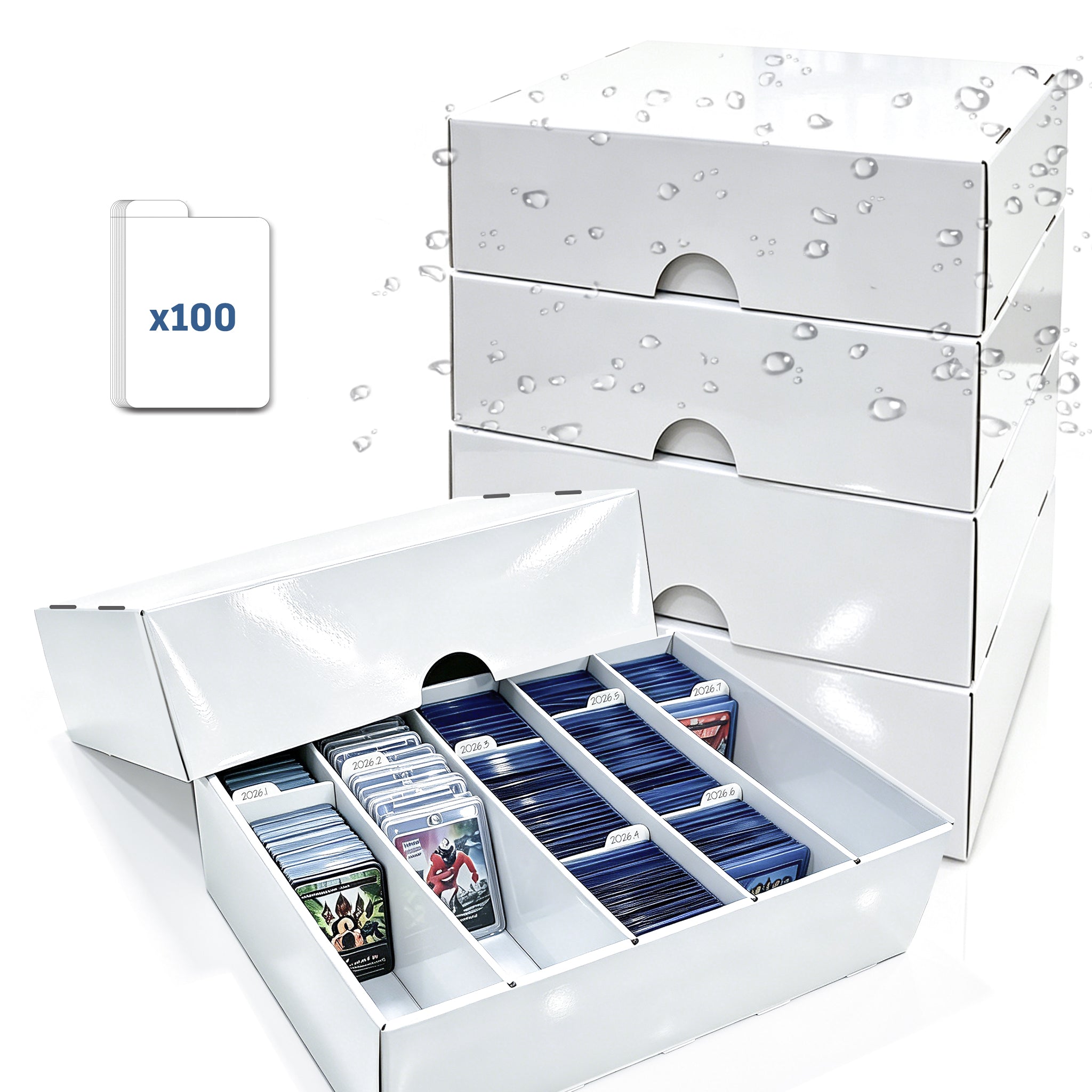 4-PACK Trading Card Storage Box 5 Row for 5000ct TCG / 3000ct Sports Cards | Bulk Card Storage for Sleeved / Toploaders / Magnetic Holders, Cardboard Storage Box With Divider, 4-Flap Structure Card Box