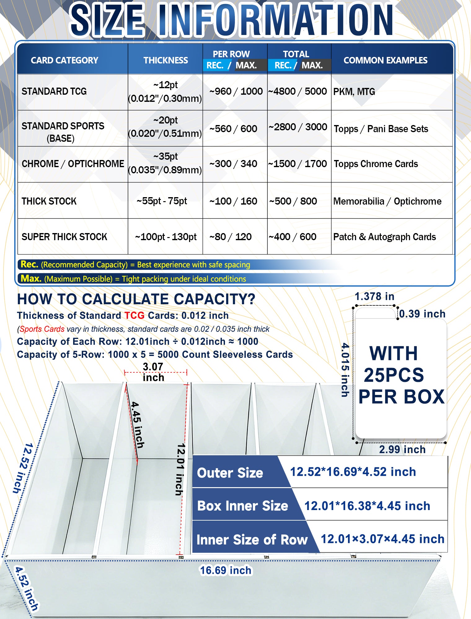 4-PACK Trading Card Storage Box 5 Row for 5000ct TCG / 3000ct Sports Cards | Bulk Card Storage for Sleeved / Toploaders / Magnetic Holders, Cardboard Storage Box With Divider, 4-Flap Structure Card Box