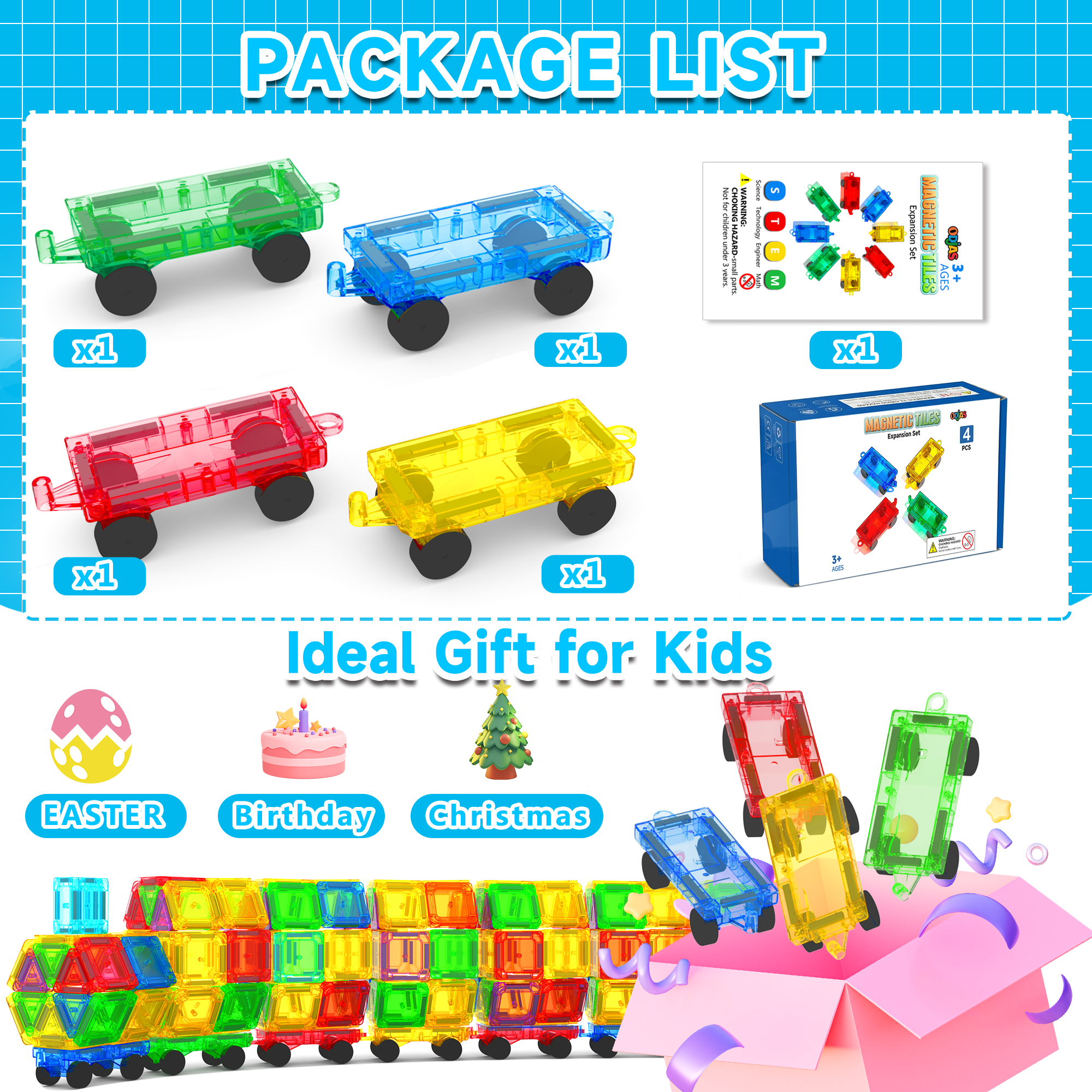 Mini Magnetic Tiles Cars Construction Set - 4 PCS Magnetic Car Base Compatiable with Mini & Standard Tiles, Magnet Building Blocks Expansion Set, Magnet Bricks Truck Toy for Boys & Girls