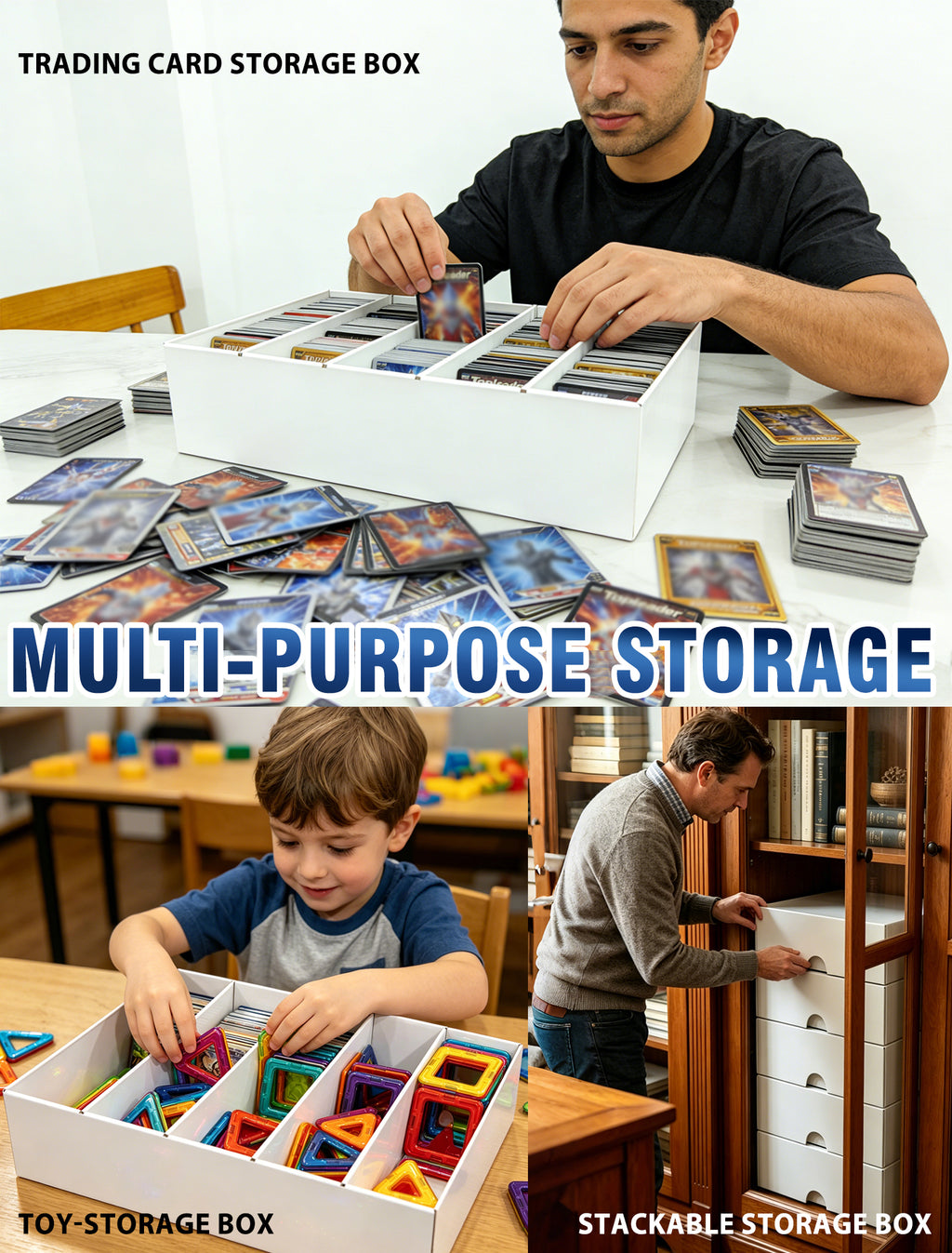 4-PACK Trading Card Storage Box 5 Row for 5000ct TCG / 3000ct Sports Cards | Bulk Card Storage for Sleeved / Toploaders / Magnetic Holders, Cardboard Storage Box With Divider, 4-Flap Structure Card Box