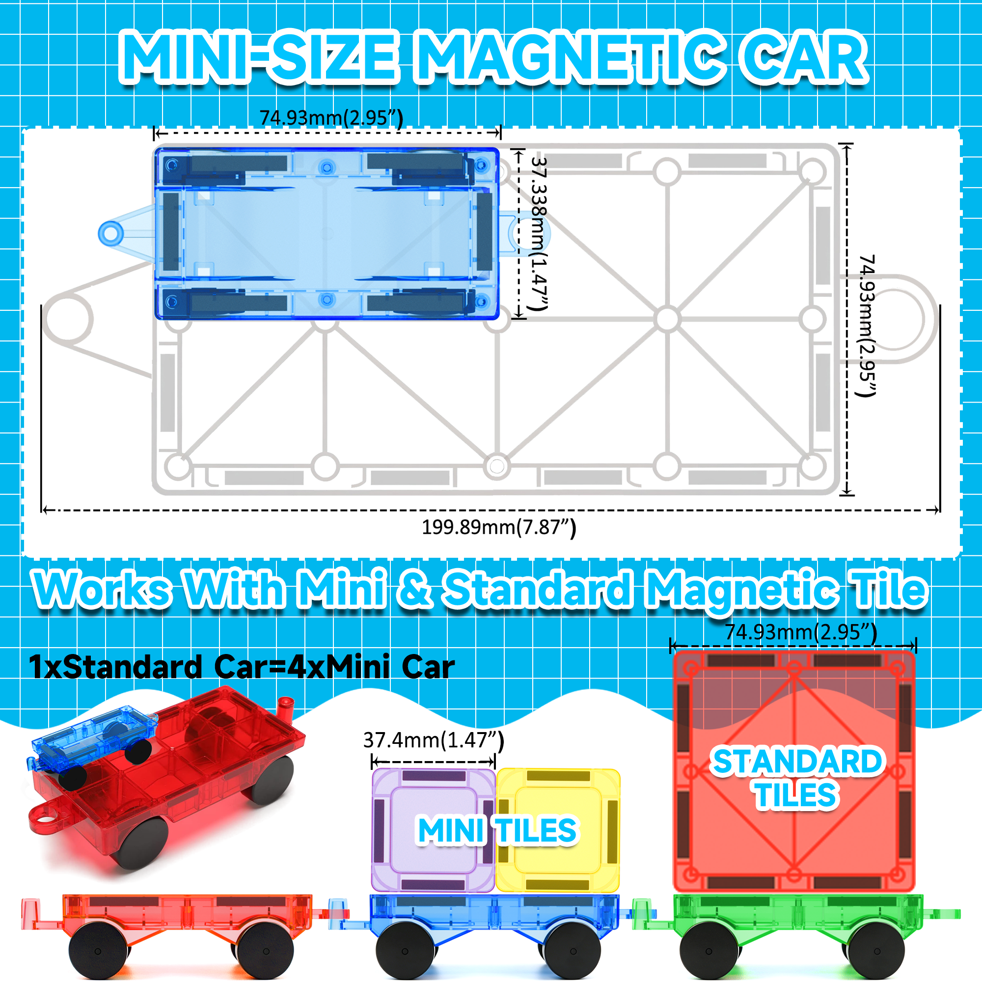 Mini Magnetic Tiles Cars Construction Set - 4 PCS Magnetic Car Base Compatiable with Mini & Standard Tiles, Magnet Building Blocks Expansion Set, Magnet Bricks Truck Toy for Boys & Girls