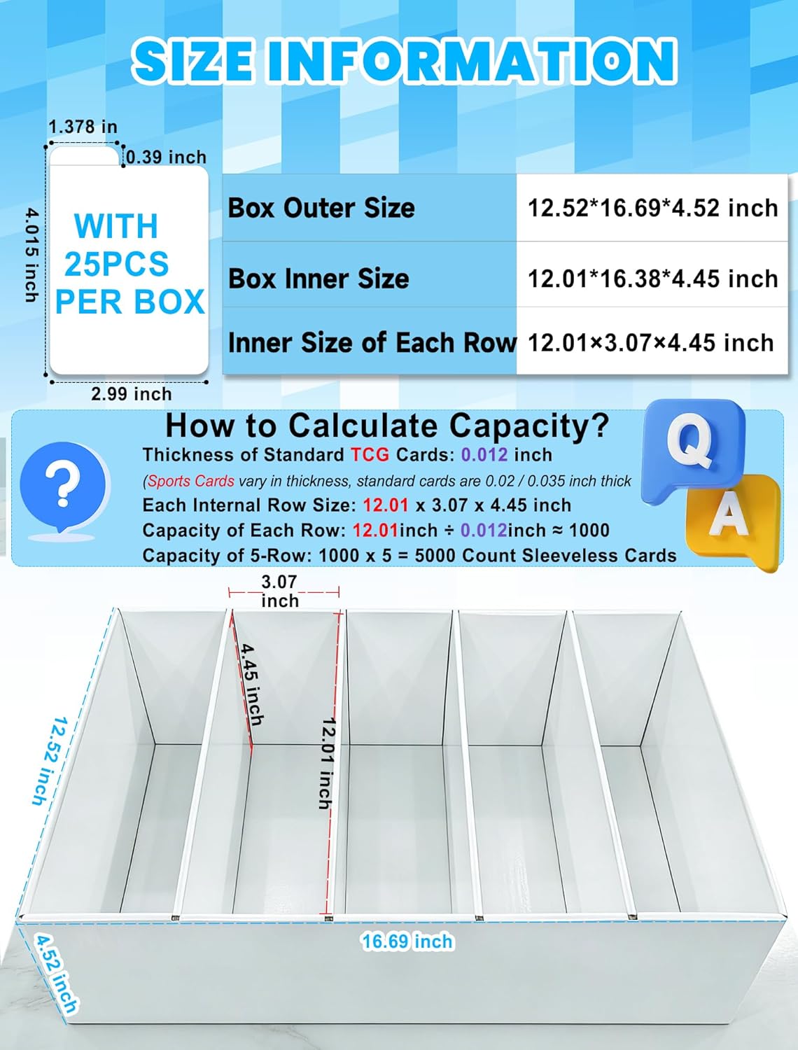 4-PACK Trading Card Storage Box -5 Row 5000ct TCG Corrugated Cardboard Storage Box, 3000ct Sports Card Box, Bulk Card Storage with Divider for MTG, Unsleeved, Toploader, Magnetic Holder
