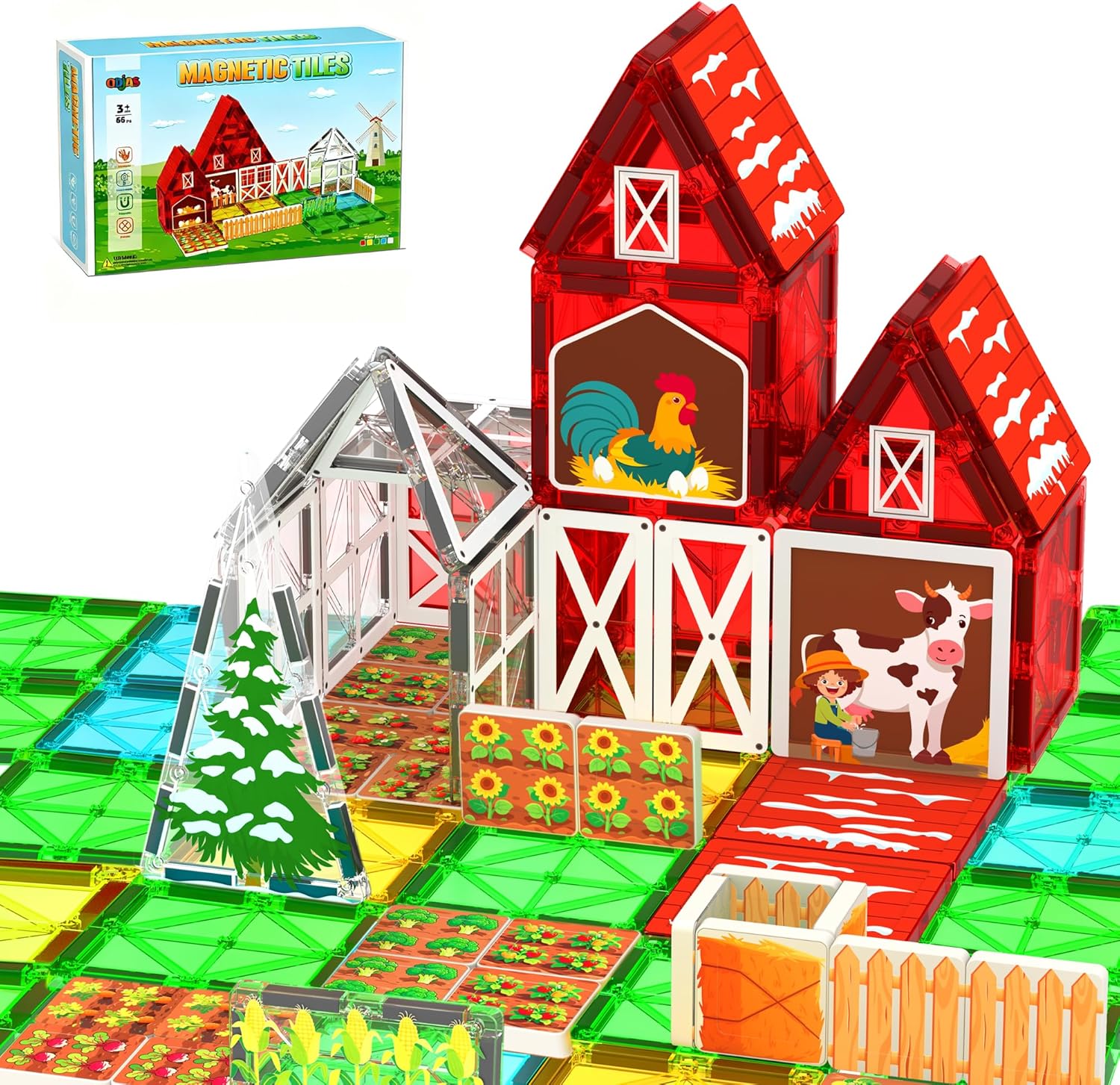 Magnetic Tiles Farm Animal Toys 66P - Build 4-Seasons Farm Scene, Farm Magnetic Blocks for Kids Ages 3-5 4-8 Boys Girls, STEM Magnet Toys for Classroom Indoor Outdoor, Kids Gift for Birthday Christmas