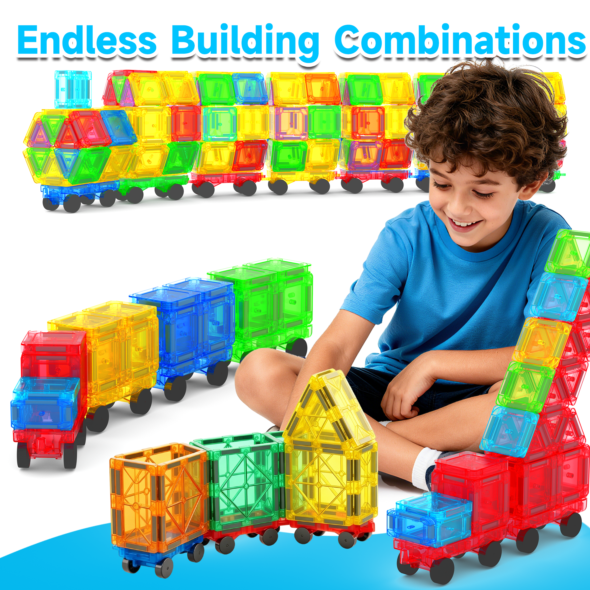 Mini Magnetic Tiles Cars Construction Set - 4 PCS Magnetic Car Base Compatiable with Mini & Standard Tiles, Magnet Building Blocks Expansion Set, Magnet Bricks Truck Toy for Boys & Girls